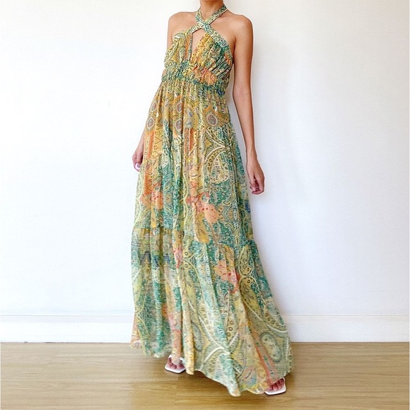 Zara Dresses & Skirts - Zara Halter Neck Metallic Cross Back Long Maxi Dress